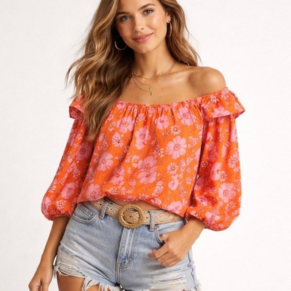 Free People Orange Floral Off-Shoulder Blouse